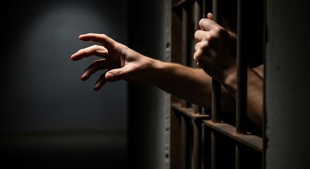 A person's hands reaching out from behind dark prison bars in a dimly lit cell, symbolizing confinement and a plea for freedom.