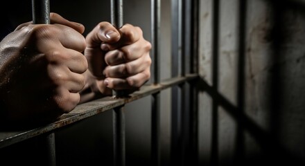 Obraz premium Close-up of a person's hands tightly gripping dark metal prison bars in a dimly lit cell, conveying a sense of confinement and despair.