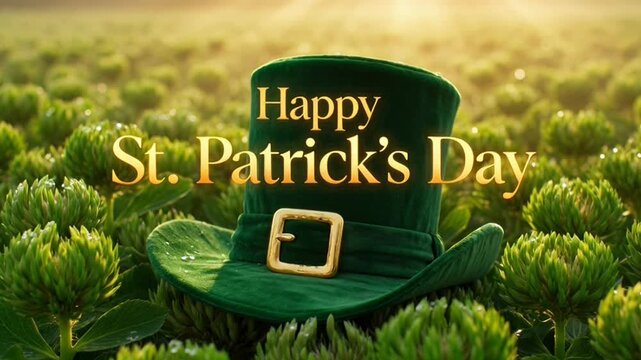 Festive St. Patrick s Day Background with Green Hat  Leaf Clovers  and Happy Holiday Lettering