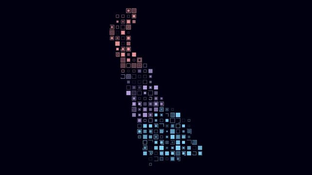 Delaware animated shape. Pulsating colored dots on the map of the state. Large size square blocks. Digital style Delaware map on dark background. Artistic animation video.