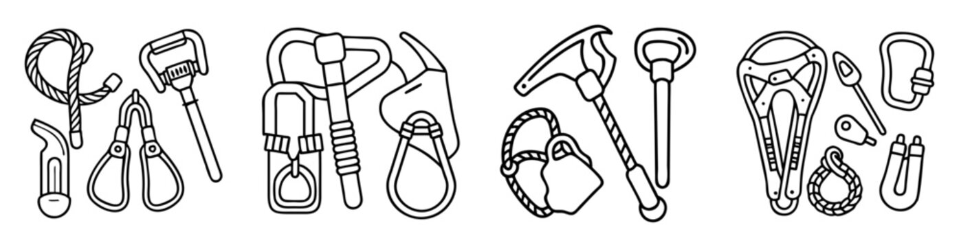 Collection of various climbing gear outlines, including ropes, carabiners and ice axes