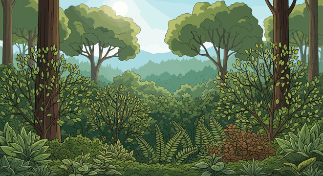 Trees and foliage in forest landscape.