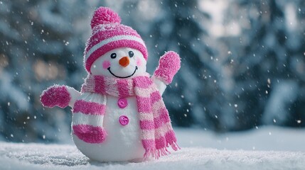 Fototapeta premium Cheerful Snowman in Pink Hat and Scarf Welcoming the Winter Snowfall