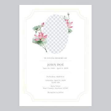 Minimalist funeral invitation featuring watercolor-style pink lotus flowers, gold frame and an oval photo placeholder on a white background
