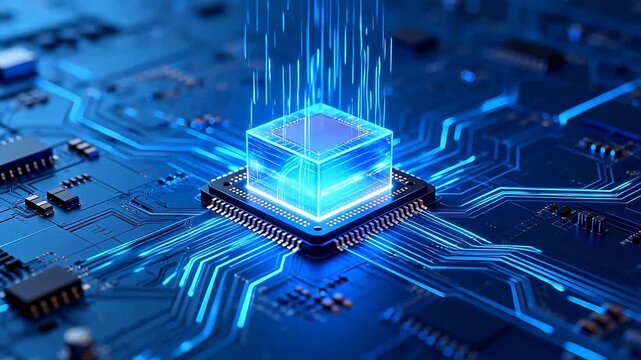 Circuit board with glowing cube