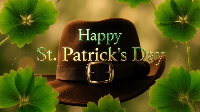 Festive St. Patrick s Day Background with Leaf Clovers and Hat Featuring Happy St. Patrick s Day Lettering