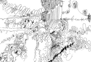 Obraz premium Hand-drawn monochrome pen line art of intricate organic patterns and complex details