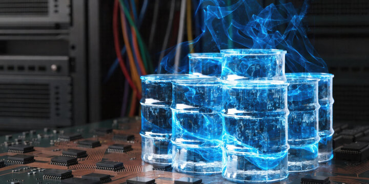 Ai energy crunch glowing blue liquid barrels on circuit board with smoky light effects