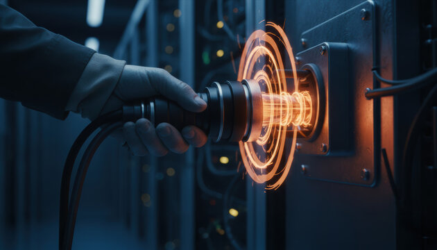 Ai energy crunch futuristic power connector glowing ring interface in data center cable plugged