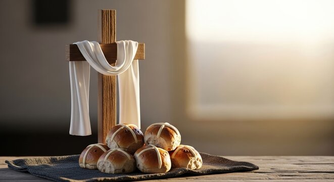 Artistic depiction of a wooden cross draped in white fabric, surrounded by freshly baked rolls, symbolizing faith, spirituality, and community gatherings in a warm, inviting setting.
