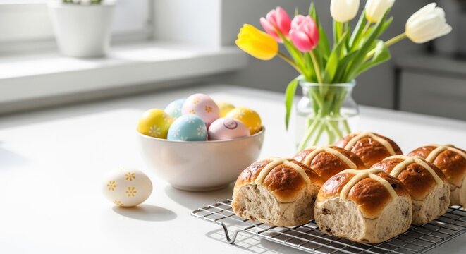 Freshly Baked Hot Cross Buns with Colorful Easter Eggs and Vibrant Tulips on a Bright Kitchen Table Celebrating Spring Festivities