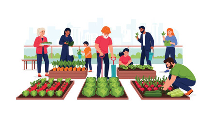 Community rooftop garden with diverse people cultivating vegetables and plants © Baby Collection