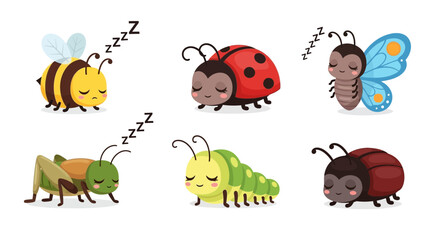 Six cartoon insects sleeping bee ladybug butterfly grasshopper caterpillar and beetle © Shalahuddin