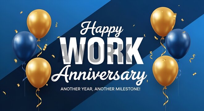 Image is a celebratory graphic design featuring a dark blue background with a diagonal lighter blue section. The central focus is the bold, white text 'Happy WORK Anniversary' in a mix of cursive and 