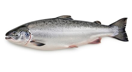 Obraz premium Fresh Atlantic Salmon, whole and raw, displaying its natural texture and glistening skin, perfectly isolated on a pristine white background for culinary and healthy eating concepts