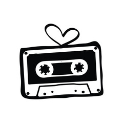 Black and white illustration of hand drawn style cassette tape vintage vector art