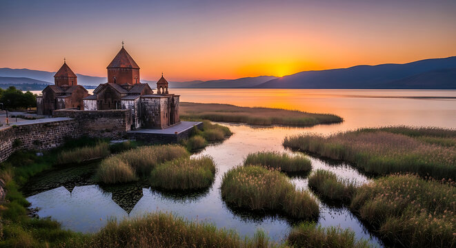 Historic sevanavank monastery overlooking lake sevan during a glowing sunset landscape.