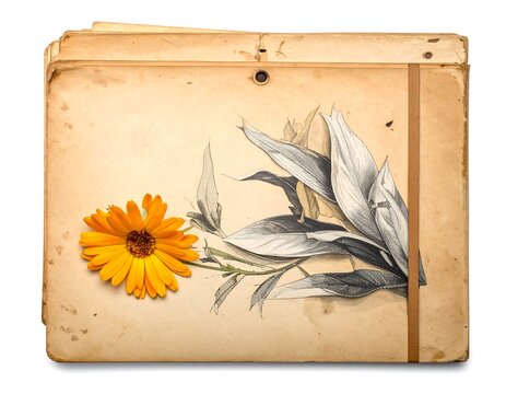 Aged, worn file folder containing a vibrant orange flower and a sketched botanical illustration in grayscale. The folder has a simple fastener