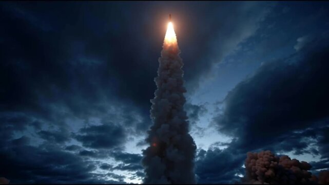 Aerospace industry corporate. Defense Tech Aerospace. Space defense conference. Rocket launching with bright flame and thick smoke under a cloudy sky