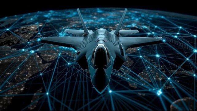 Aerospace industry corporate. Defense Tech Aerospace. Space defense conference. Stealth fighter jet flying over Earth with digital network connections
