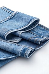 Folded Blue Denim Fabric with Detailed Texture and Stitching on a Clean White Background