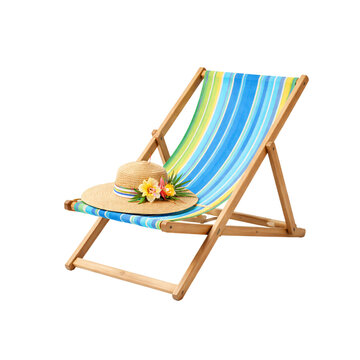 Striped beach chair with straw hat, Summer concept