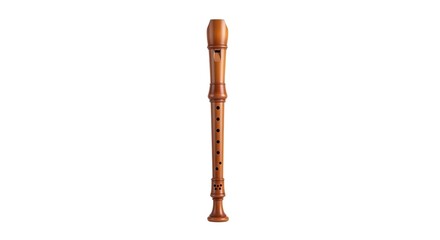 A detailed studio shot of a wooden soprano recorder, a woodwind instrument known for its clear, sweet tone, ideal for beginners and classical music