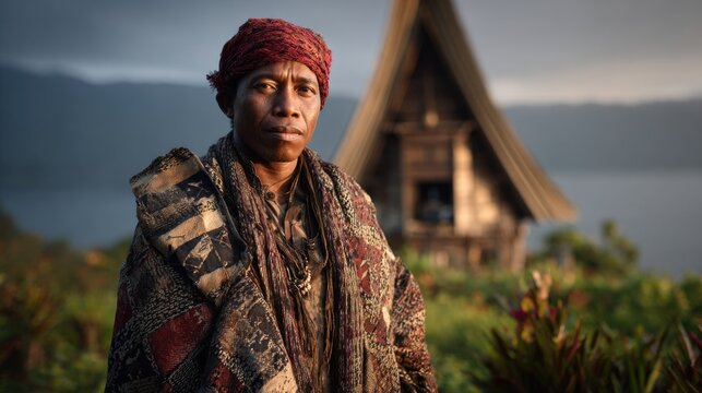 Batak man wearing traditional ulos and red headband standing before ancestral house near Lake Toba