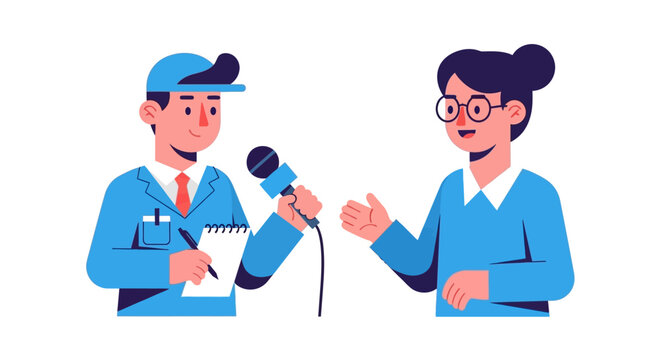 Dynamic illustration of a professional journalist conducting an interview, capturing a compelling conversation with a female subject for news and media