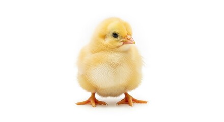 Fototapeta premium A fluffy yellow chick stands facing forward on a plain white background, its tiny orange feet clearly visible, capturing a sense of innocence and new beginnings