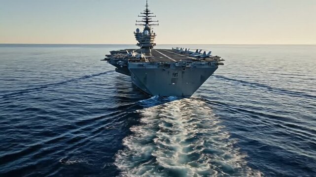 US Navy aircraft carrier underway at sea with fighter jets