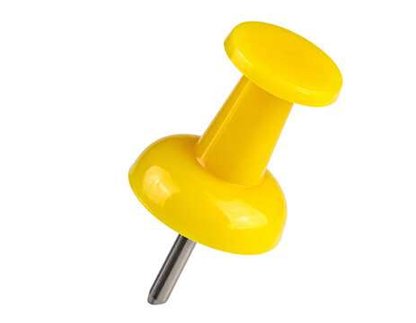 Bright yellow thumbtack with metallic point angled against a black background