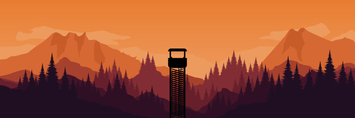 Wide screen twilight nature banner featuring coniferous forest fire tower and warm evening copy space © FahrizalNurMuhammad