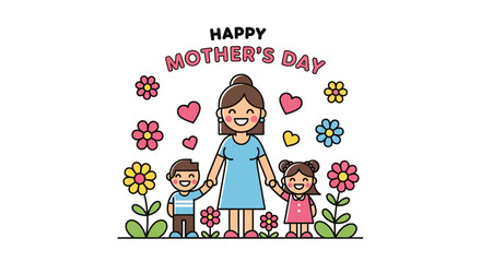 Obraz premium Joyful Mother's Day celebration featuring a loving mother embracing her happy children surrounded by vibrant blooming flowers, a heartwarming scene depicting family bonds and happiness