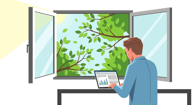 Businessman Uses Tablet by Open Window Surrounded by Greenery. Vector Illustrations. EPS Editable