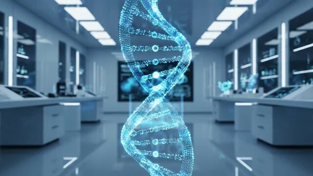 DNA Helix in Futuristic Science Lab, Genetic Engineering, Biotechnology and Medicine