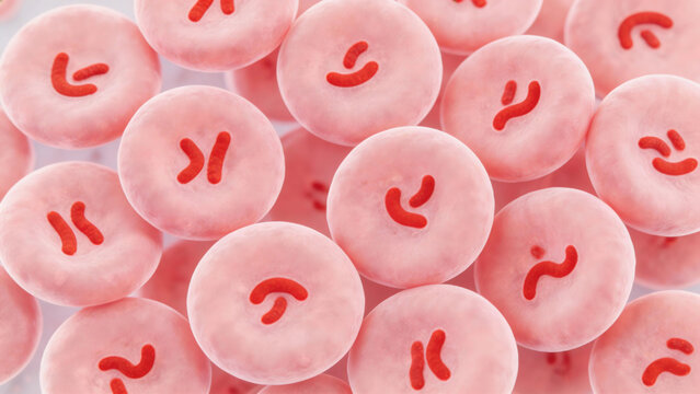 Micrograph of Bartonella henselae, small curved rods inside red blood cells, bright red against pale pink blood cells