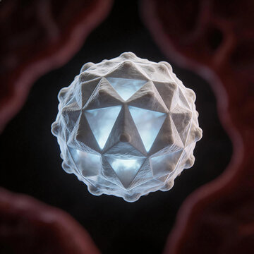 3D illustration of Human Bocavirus, small non-enveloped parvovirus with detailed icosahedral capsid, internal light glow, dark abstract respiratory tract background