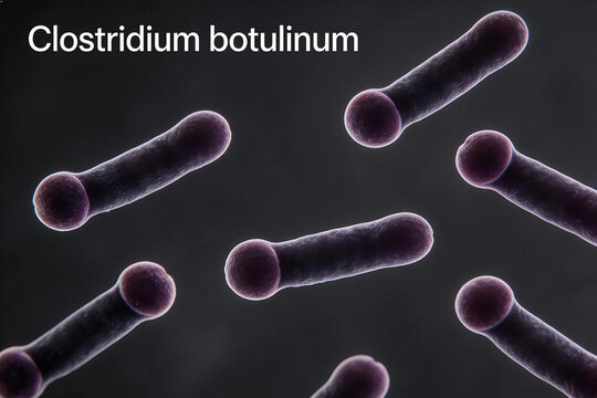 Micrograph of Clostridium botulinum bacteria, rod-shaped, distinct swelling terminal endospore, dark deoxygenated environment