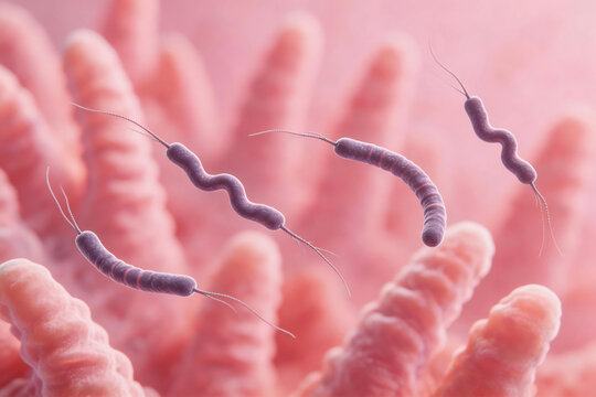 Micrograph of Campylobacter jejuni, slender curved spiral-shaped rods, single flagellum at one or both ends, darting motility, stylized intestinal environment background