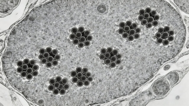 TEM-style image of Mayaro virus, alphavirus particles in high-contrast grayscale, clustered within cytoplasm of infected cell