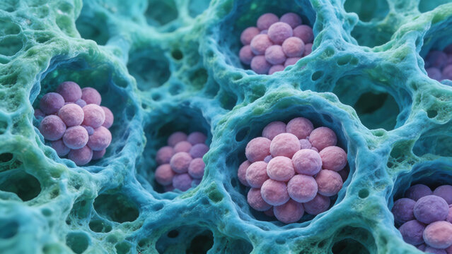 Colorized SEM of Pneumocystis jirovecii fungus in lung tissue, clusters of cysts in alveoli, pink/purple against blue/green lung tissue