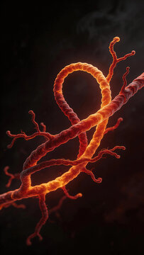 Marburg virus, a filamentous, ring-shaped/branched virus, bright orange and deep red in color, twists and spreads in dark and chaotic environments.
