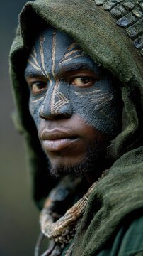 Asaro Mudman Wearing Traditional Clay Mask in Misty Forest