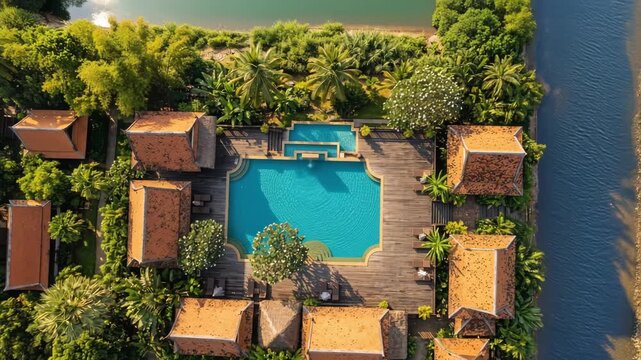 Slow Aerial Drift Over Rooftop Pool and Temple with Mekong River View in Luang Prabang Laos