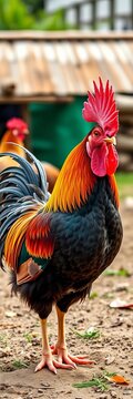 Farmyard rooster struts with feathers fluffed, chicken, garden