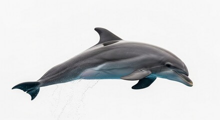 Obraz premium Captivating moment of a sleek dolphin in mid-air, performing an acrobatic jump against a clean white backdrop, symbolizing freedom and marine vitality