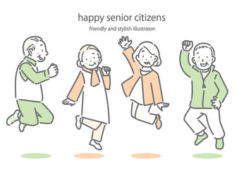 元気で明るい高齢者の女性と男性　シンプルでお洒落な線画イラスト