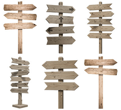 Extensive collection of rustic wooden signposts with various directional arrows, isolated on transparent background.