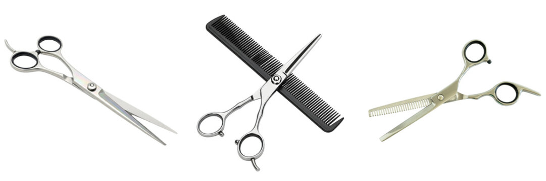 Professional hair cutting shears and thinning scissors with a comb, essential tools for barbers, stylists.